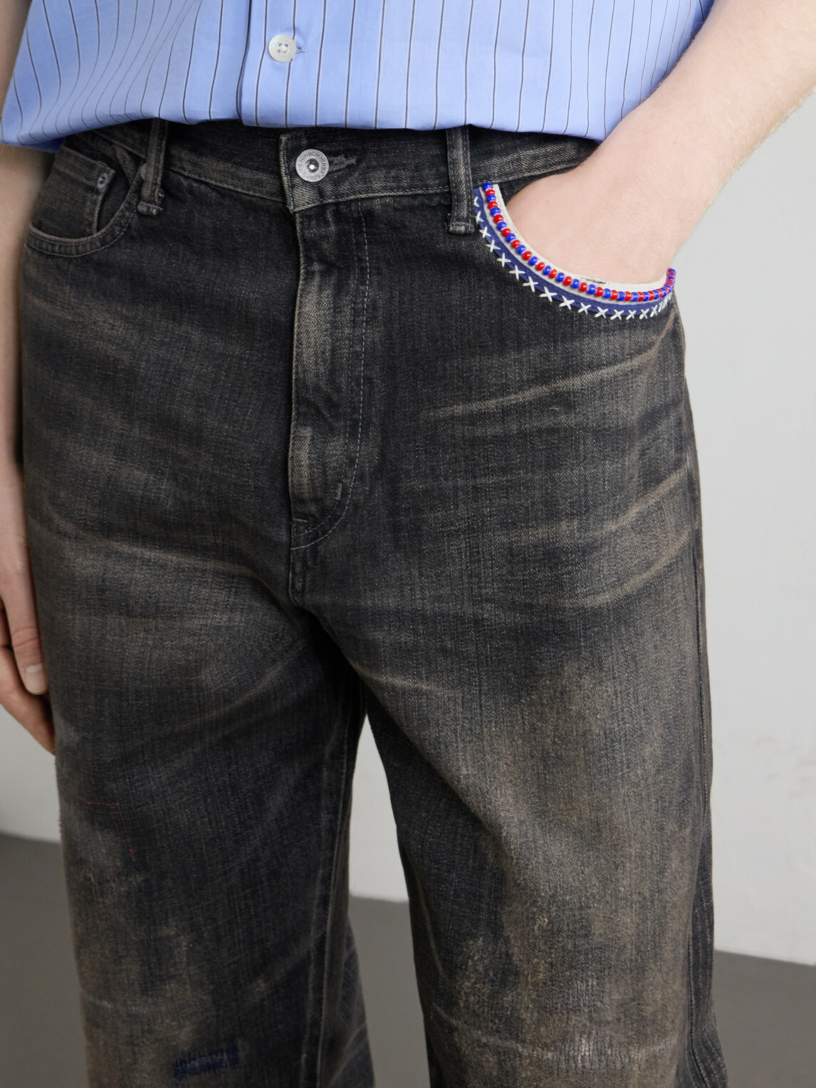 Neighborhood - Savage Straight -Leg Bead-Embellished Distressed Jeans - Gray