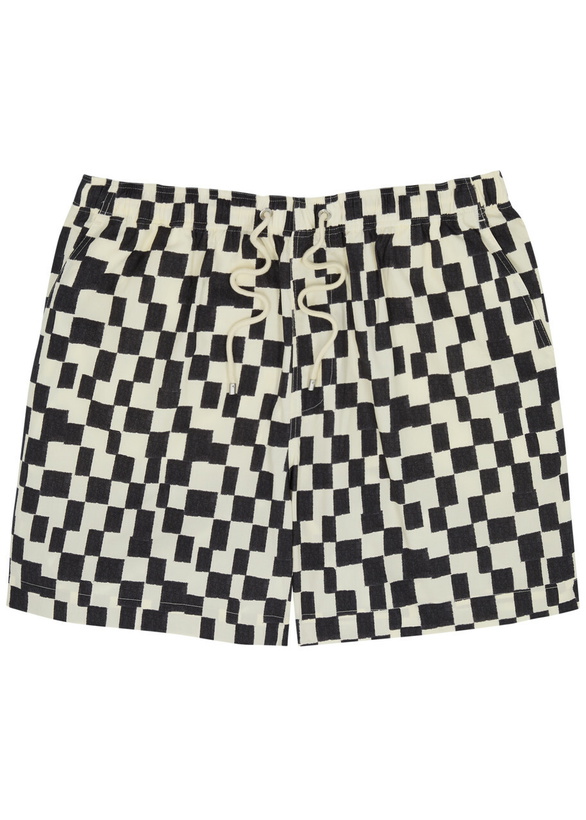 Photo: Frame Checked Lyocell-blend Shorts Navy