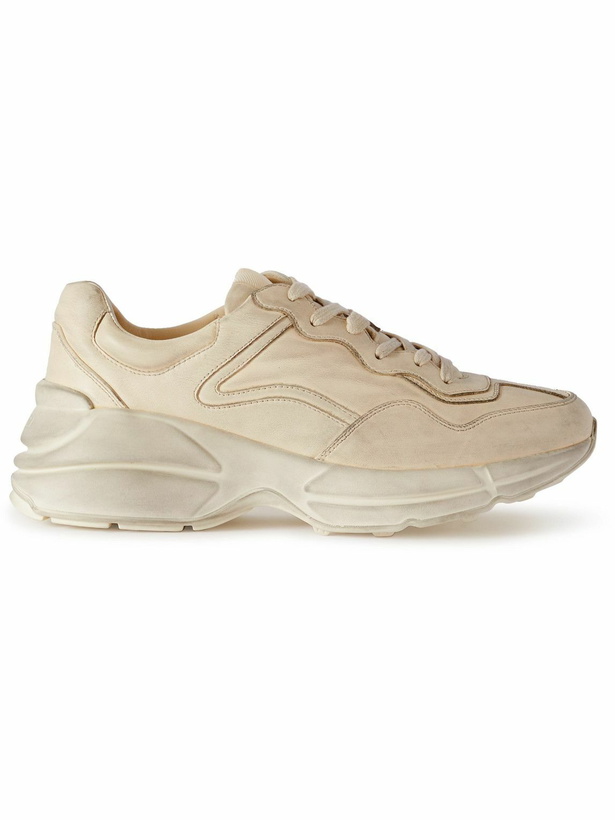 Photo: GUCCI - Rhyton Distressed Leather Sneakers - Neutrals