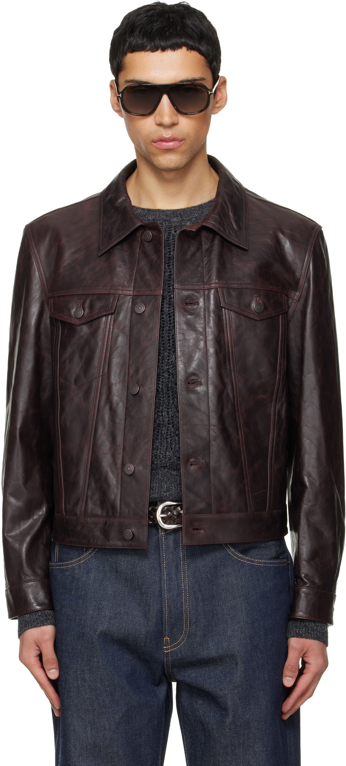 TONYWACK Brown Aged Lamb Trucker Leather Jacket