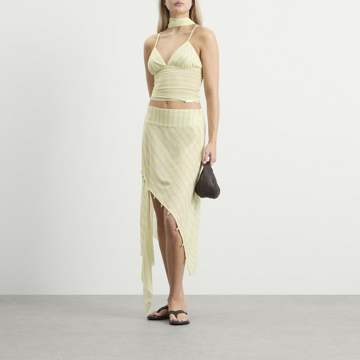 House Of Sunny Women's Striped Mesh Asymmetric Skirt in Butter