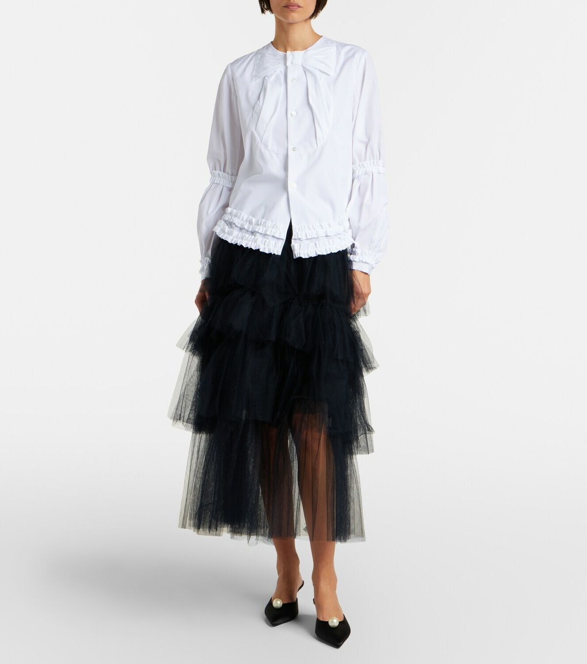 Noir Kei Ninomiya Bow-detail ruffled cotton poplin shirt