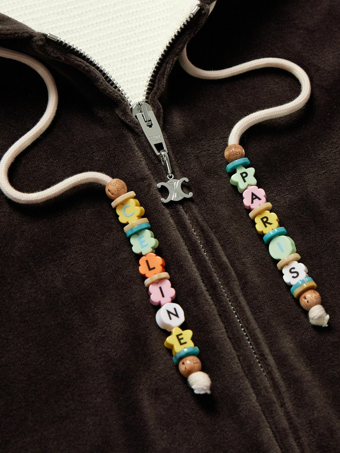 CELINE - Embellished Logo-Embroidered Cotton-Blend Velour Zip-Up Hoodie - Brown