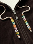 CELINE - Embellished Logo-Embroidered Cotton-Blend Velour Zip-Up Hoodie - Brown