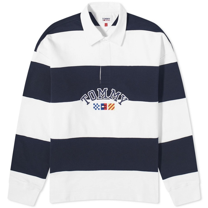 Photo: Tommy Jeans Men's Colourblock Archive Rugby Shirt in Blue