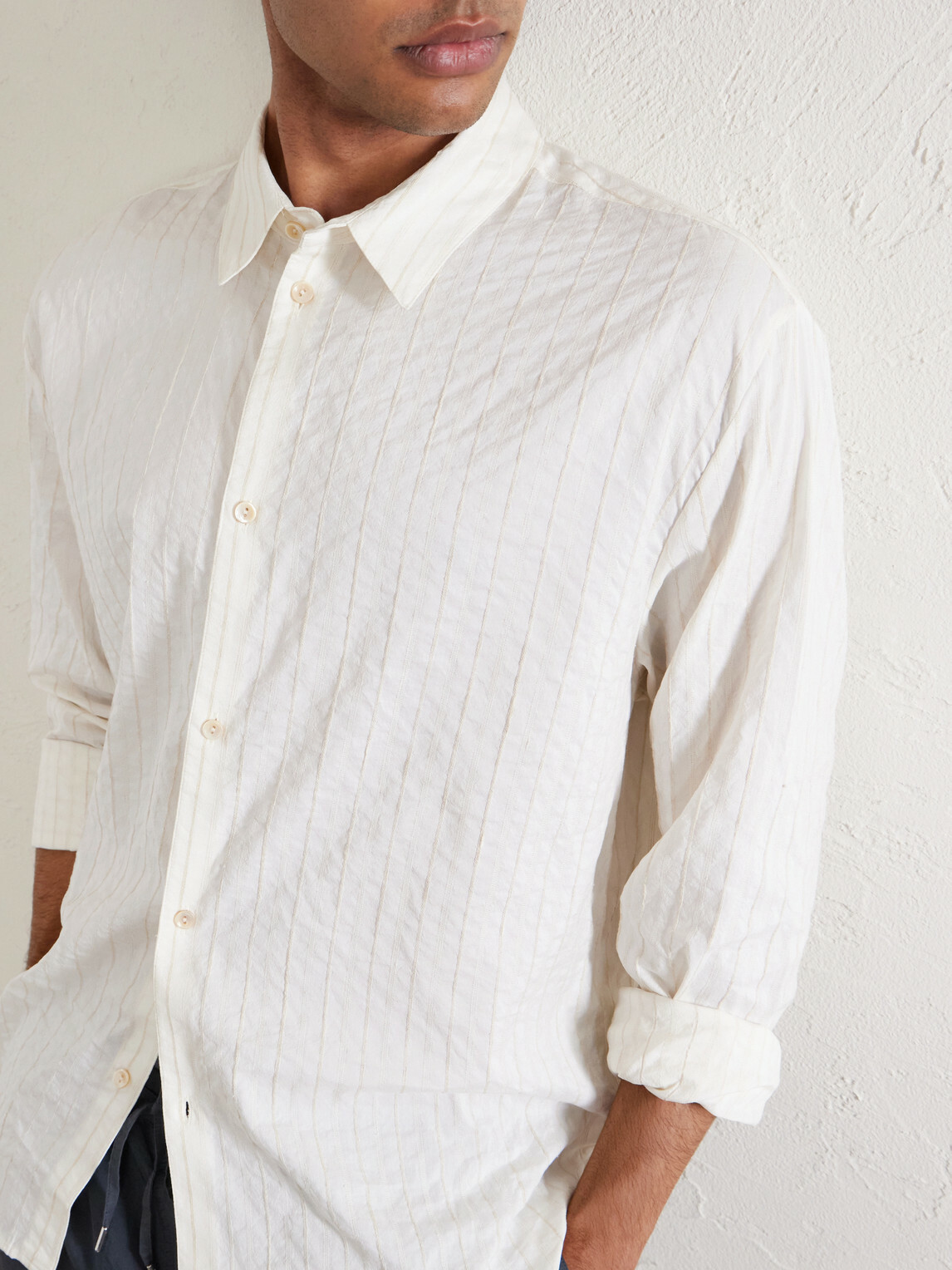 A Kind Of Guise - Fulvio Pinstriped Cotton, Silk and Linen-Blend Shirt - Neutrals