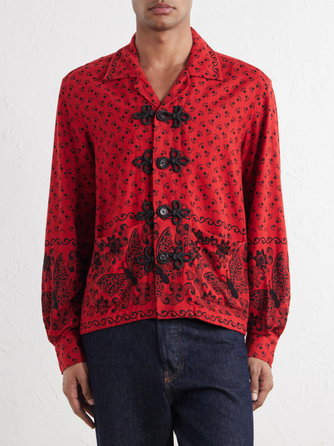 BODE - Camp-Collar Embellished Printed Cotton-Poplin Shirt - Red