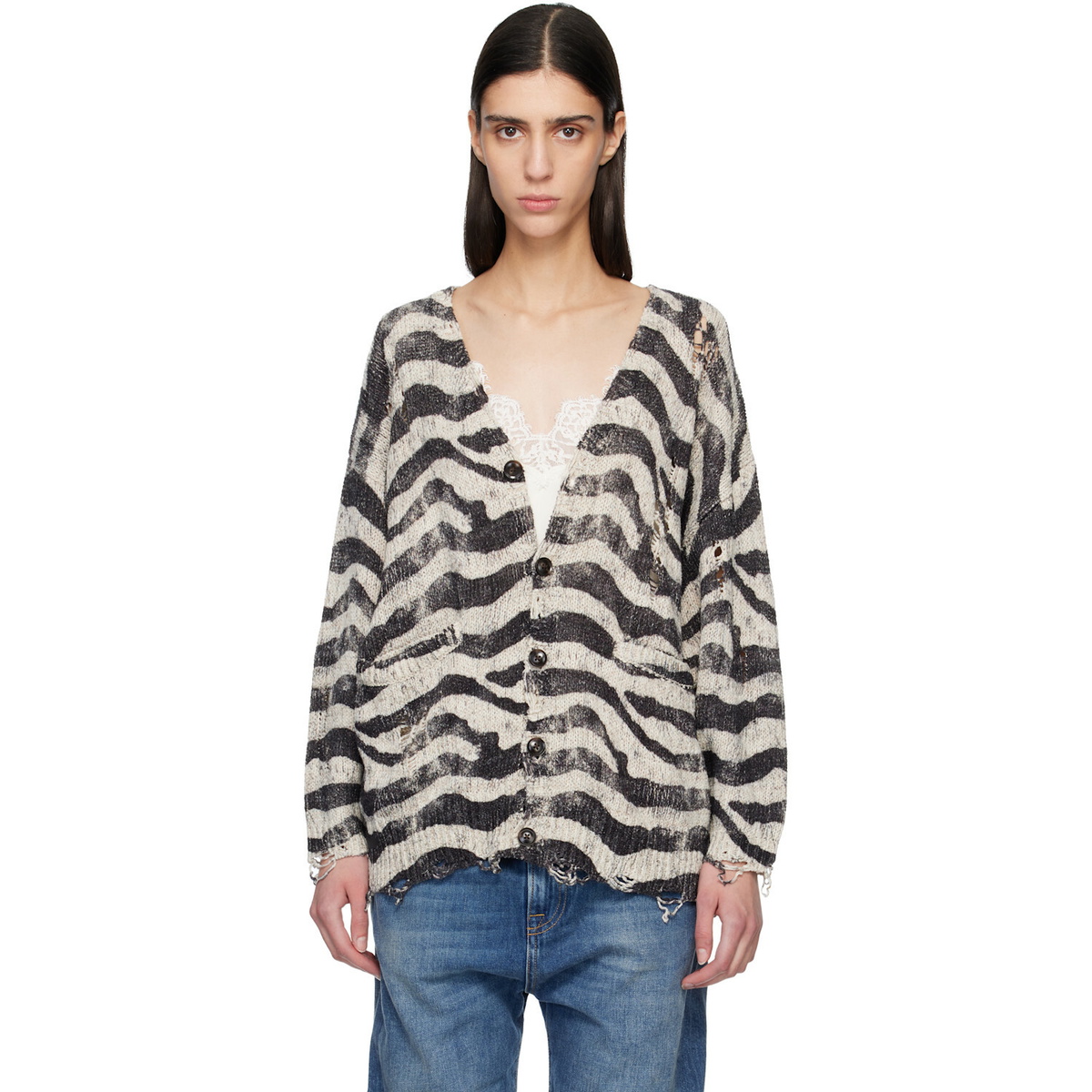R13 Off-White & Black Printed Oversized Cardigan