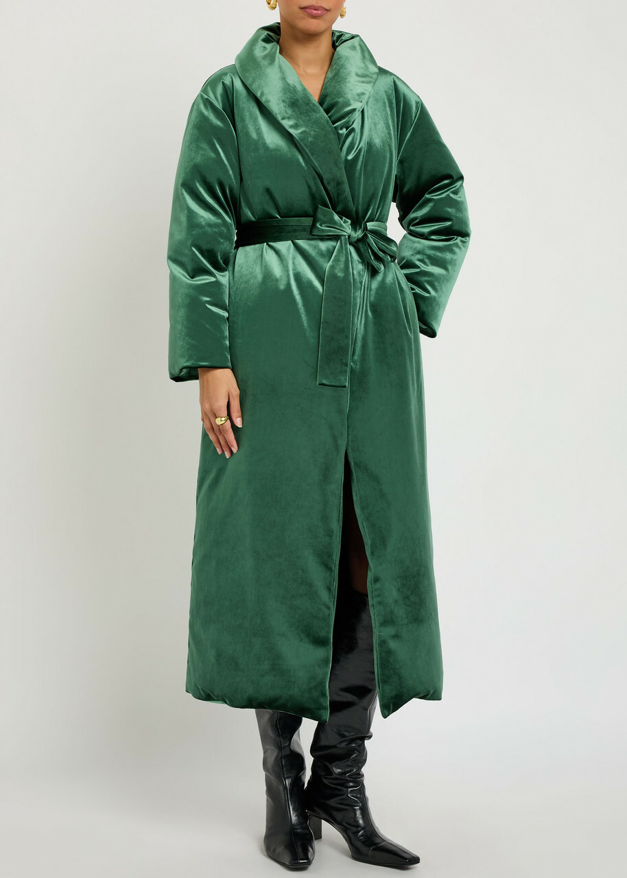 Alice + Olivia Ima Padded Belted Velvet Coat Green