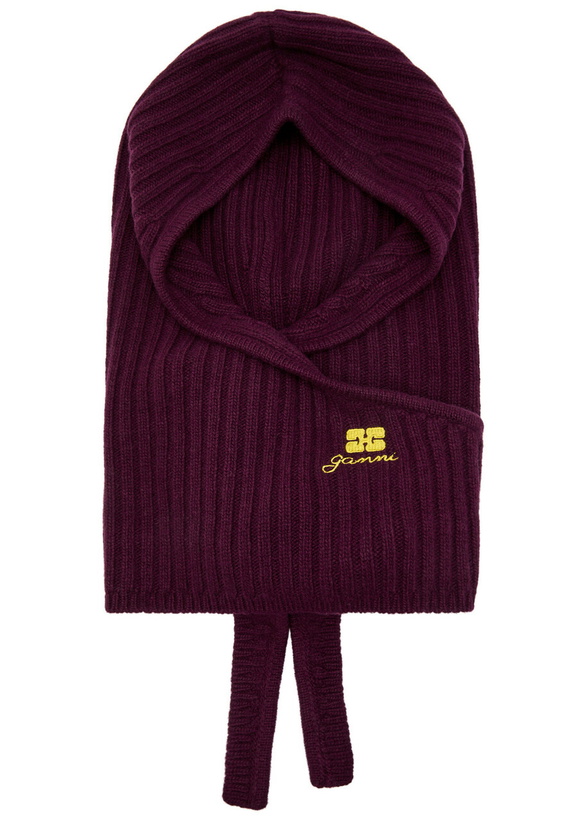 Photo: Ganni Core Future Logo-embroidered Wool-blend Balaclava - Burgundy - One Size