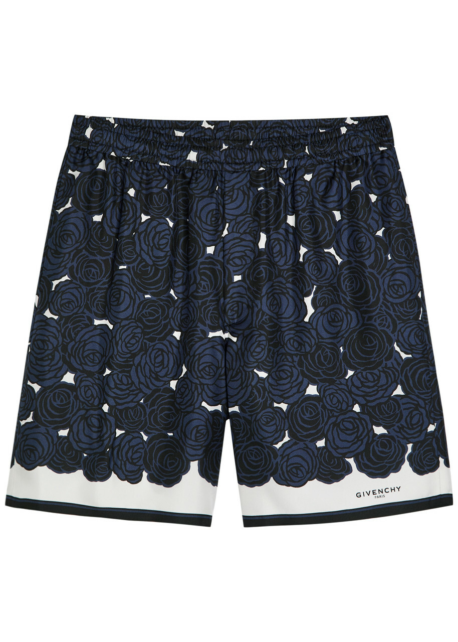 Givenchy Floral-print Silk Shorts Navy