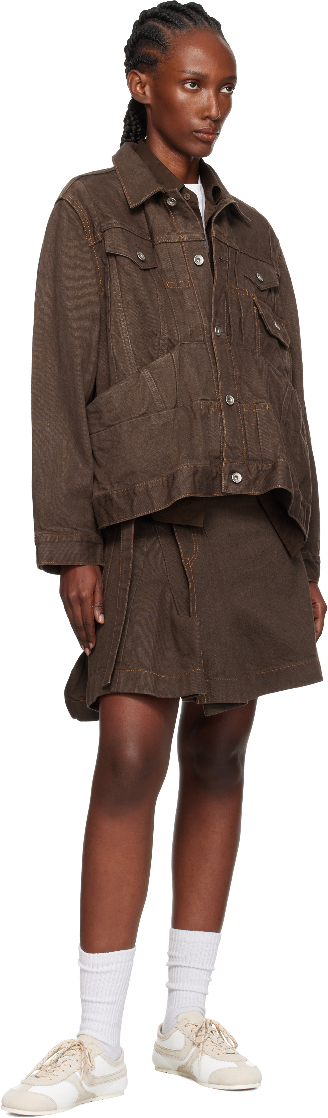 sacai Brown Pleated Denim Jacket