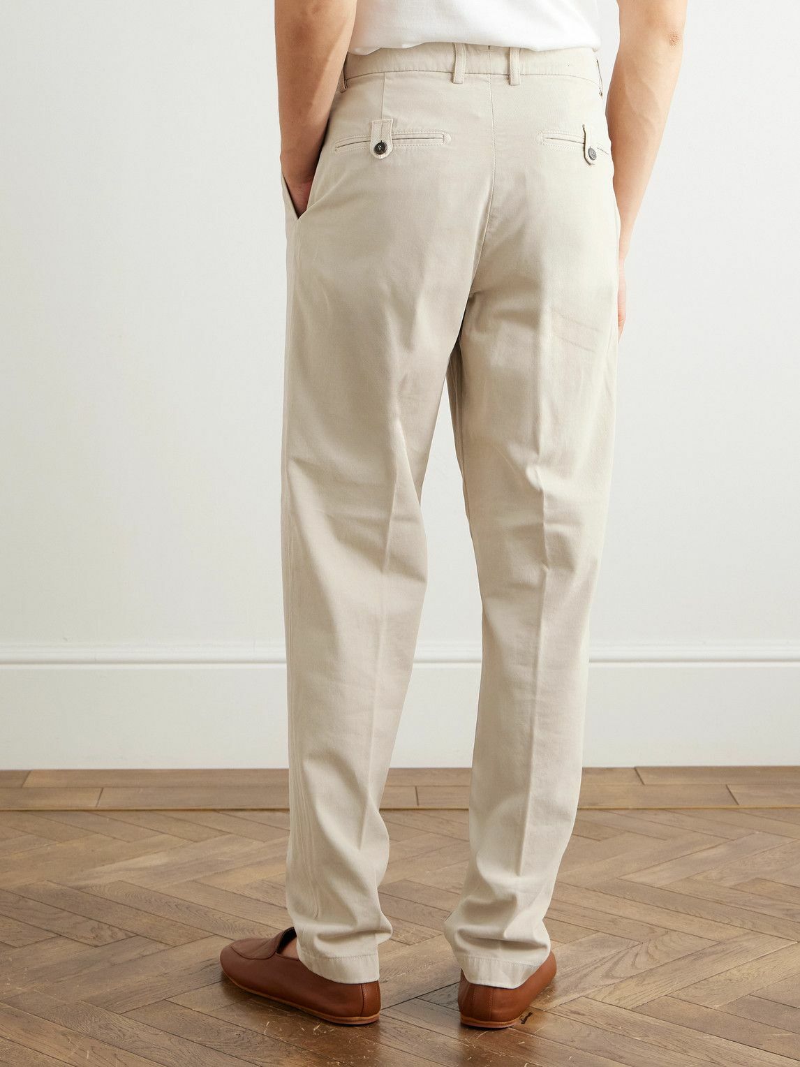Eleventy - Straight-Leg Pleated Stretch Cotton and Lyocell-Blend Trousers - Neutrals