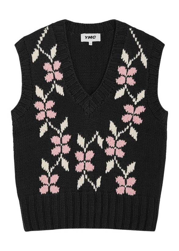 Photo: Ymc Heidi Floral-intarsia Knitted Cotton Vest Black