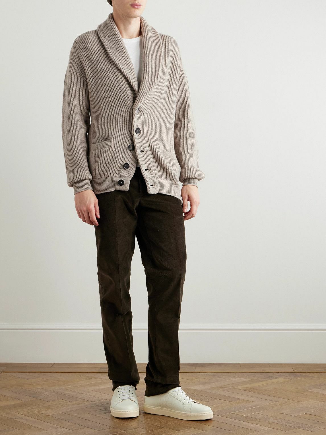 Kingsman - Shawl-Collar Ribbed Wool Cardigan - Neutrals