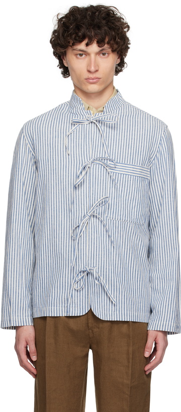Photo: Drake's Blue & White Grandad Collar Tie Stripe Shirt