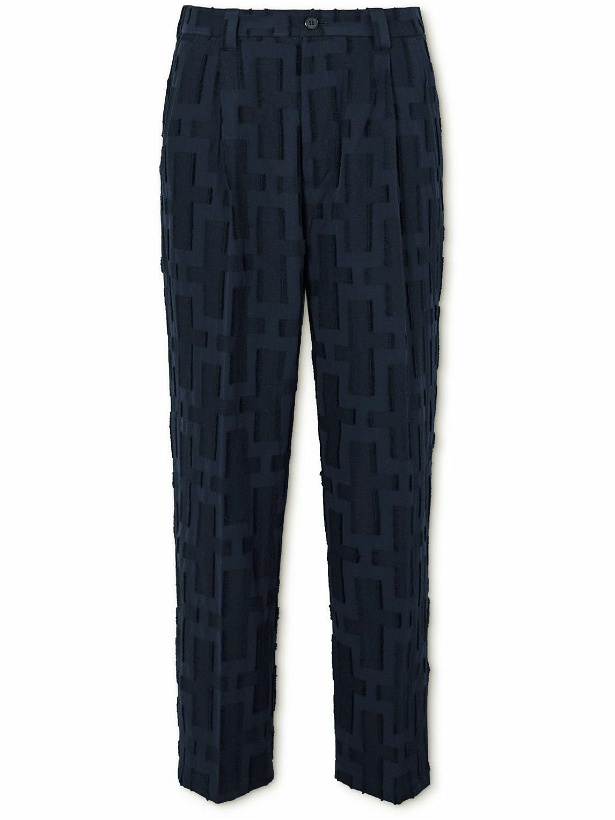 Photo: Blue Blue Japan - Pleated Textured Cotton and Wool-Blend Jacquard Trousers - Blue