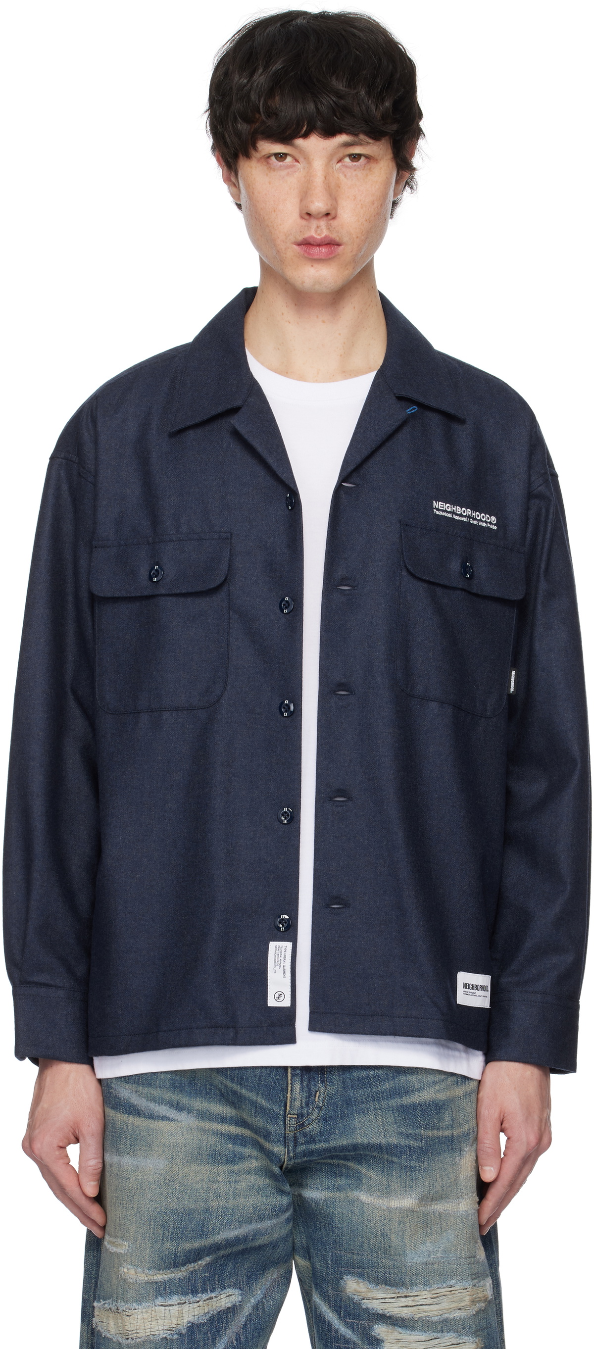 Neighborhood Navy Wool Open Collar Shirt Neighborhood