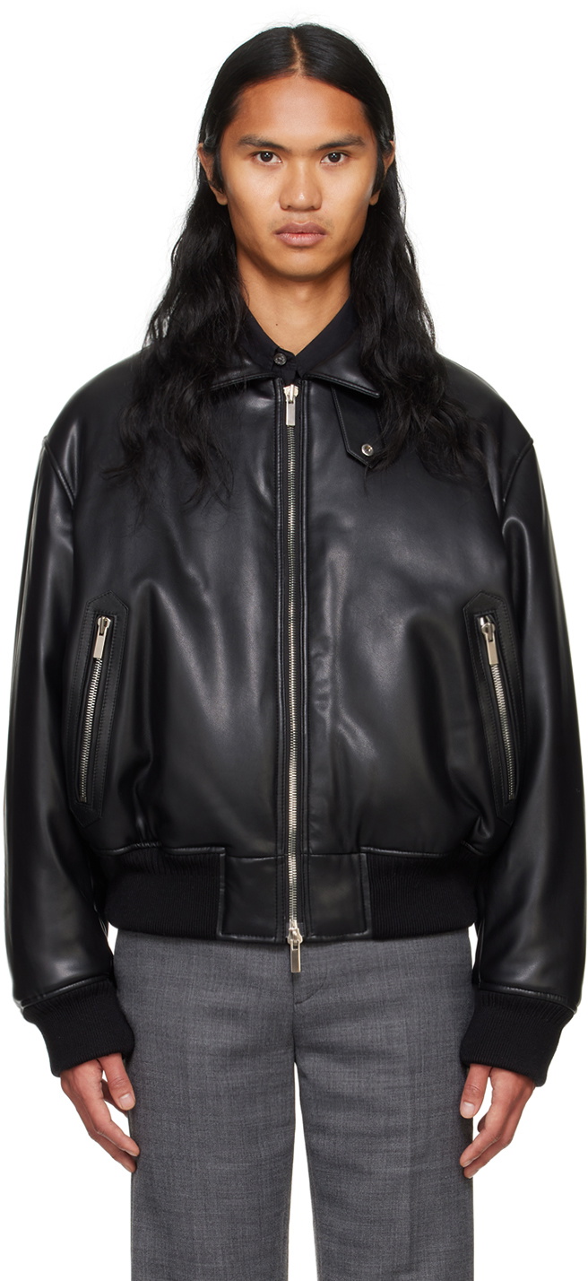 System Black Padded Faux-Leather Bomber Jacket