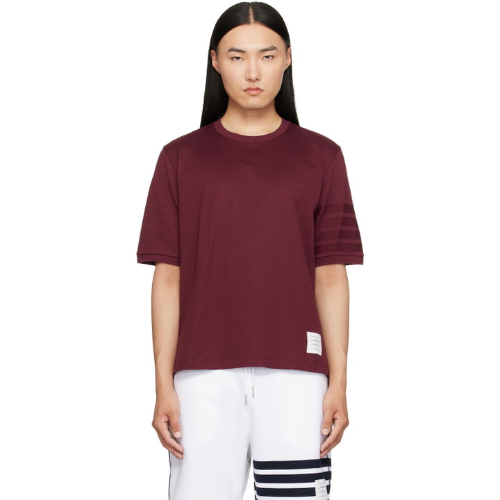 Photo: Thom Browne Burgundy Jersey Ottoman 4-Bar T-shirt