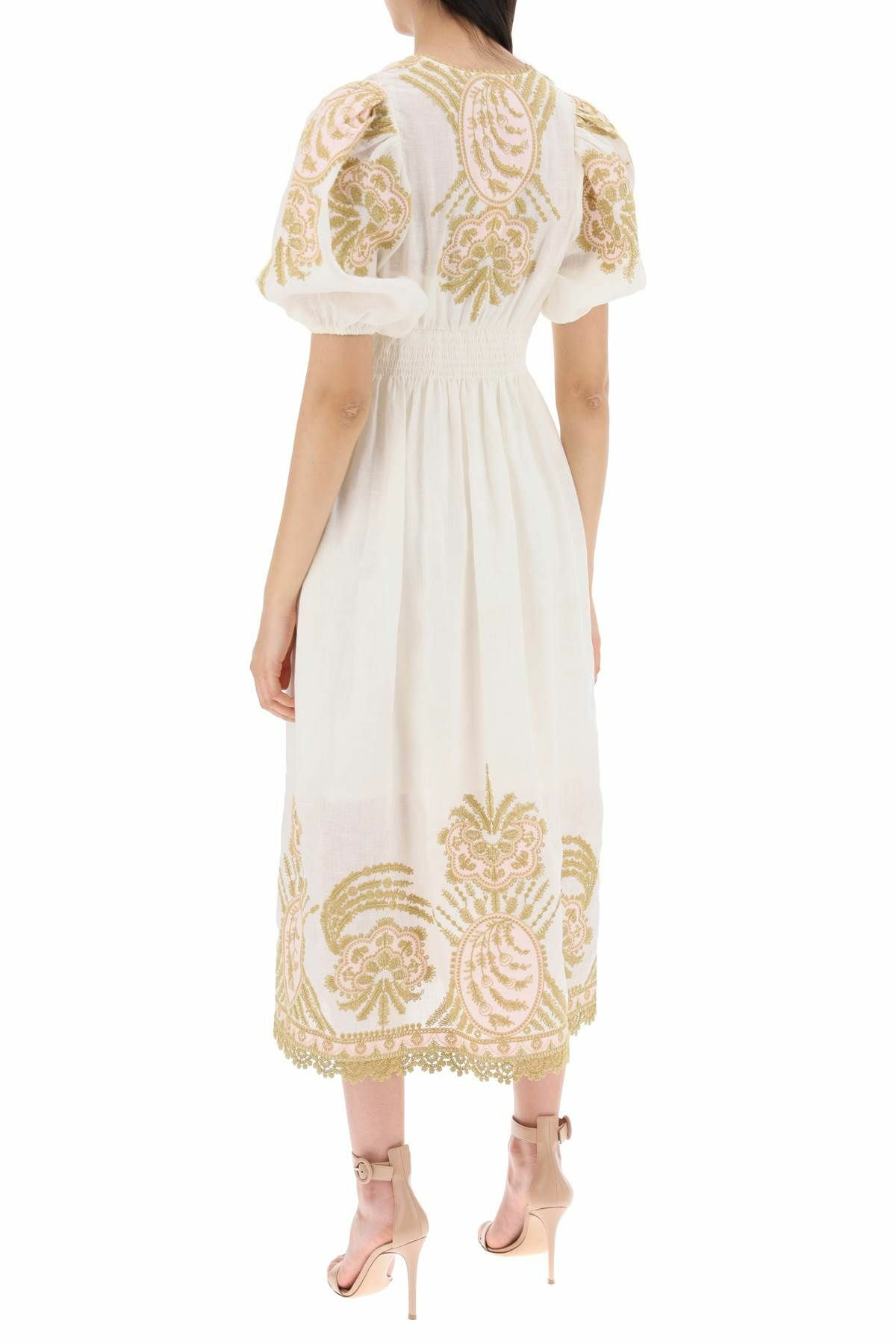 slim fit dress slacks Zimmermann Golden Embroidered Midi Dress, Ivory/Yellow, Size 3