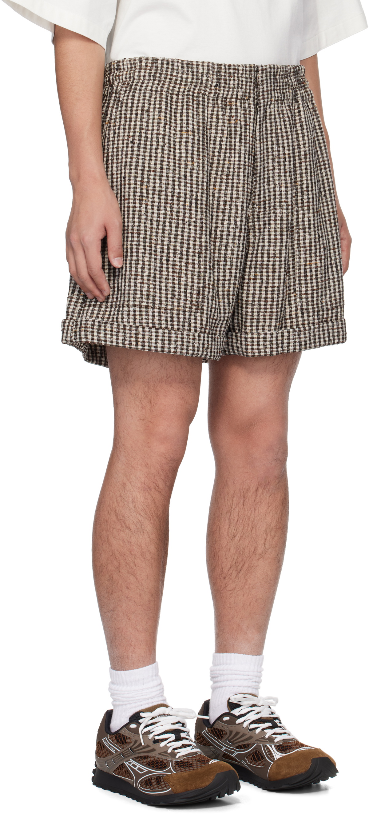 Bottega Veneta Brown & White Knotted Viscose Mini Check Shorts