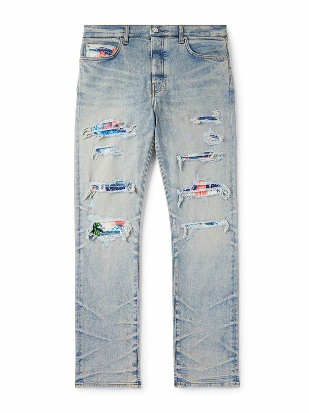 Photo: AMIRI - Aloha Thrasher Skinny-Fit Distressed Embellished Panelled Jeans - Blue