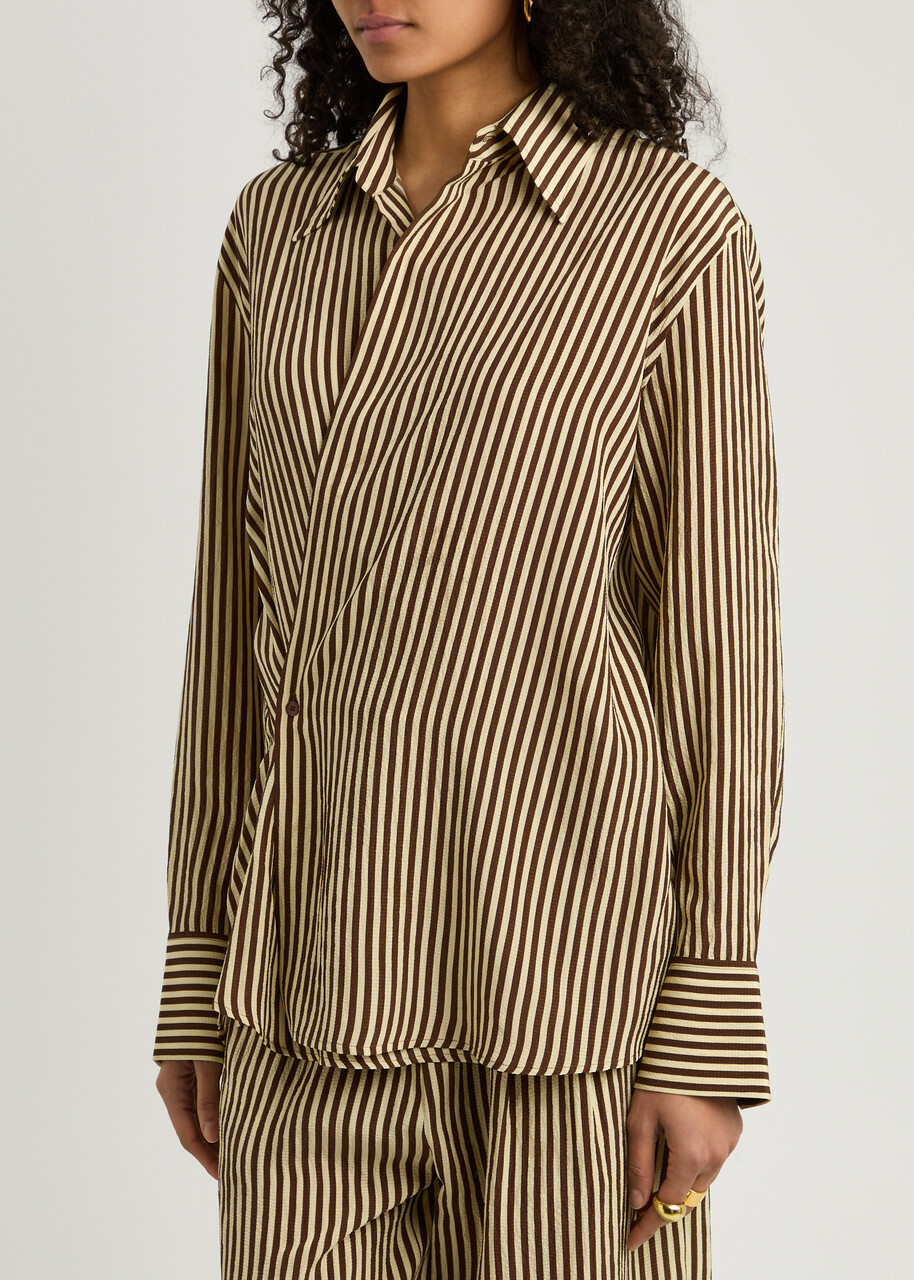 Petar Petrov Heat Wave Striped Seersucker Silk Wrap Shirt Brown