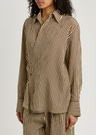 Petar Petrov Heat Wave Striped Seersucker Silk Wrap Shirt Brown