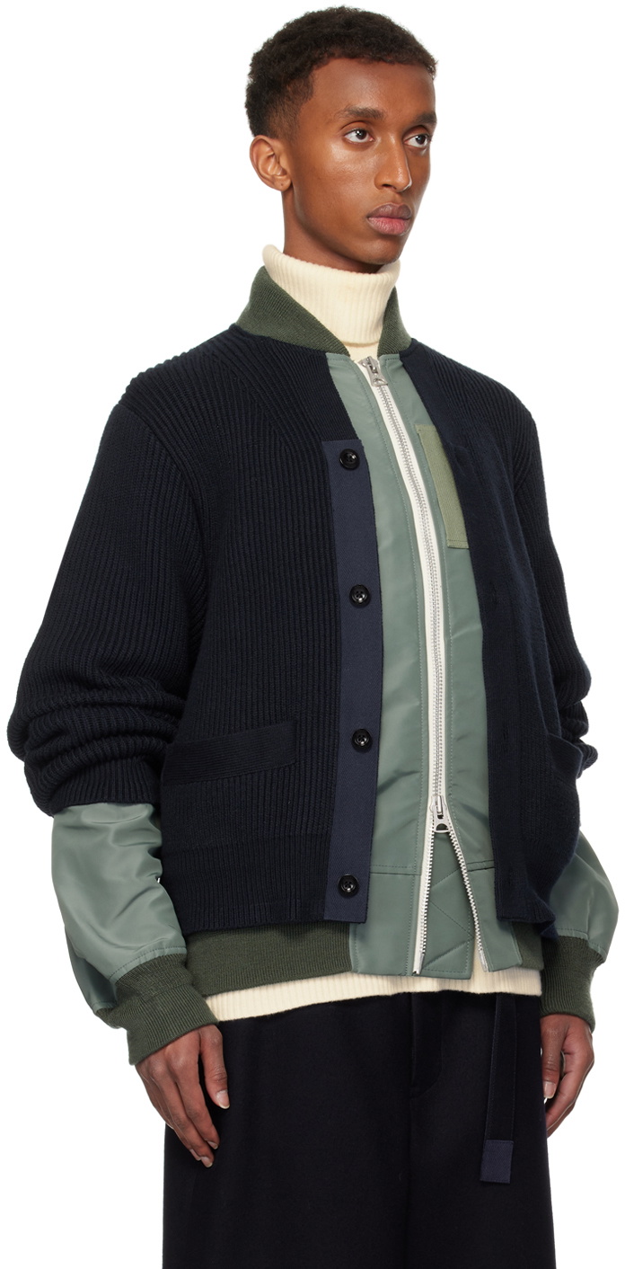 sacai Navy & Khaki Nylon Knit Cardigan Sacai