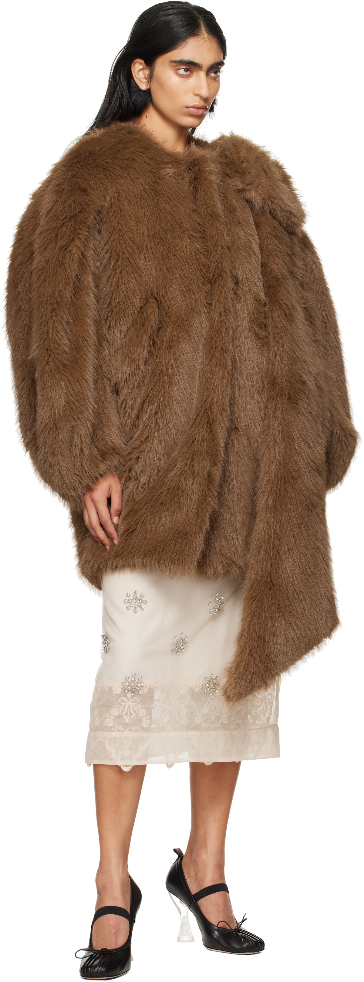 Simone Rocha Brown Embellished Coccoon Bow Faux-Fur Coat Simone Rocha