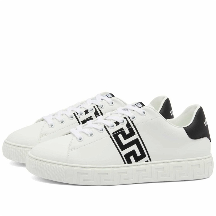 Photo: Versace Men's Greek Sole Embroidered Band Sneakers in White/Black