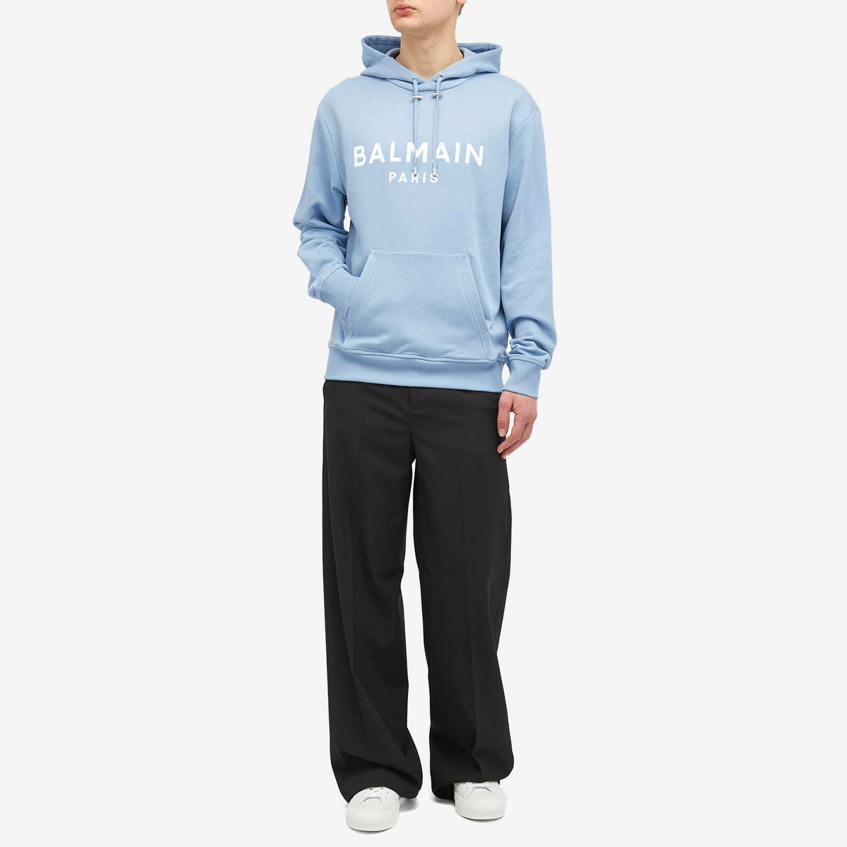 Balmain Men's Paris Logo Hoodie in Pale Blue/White