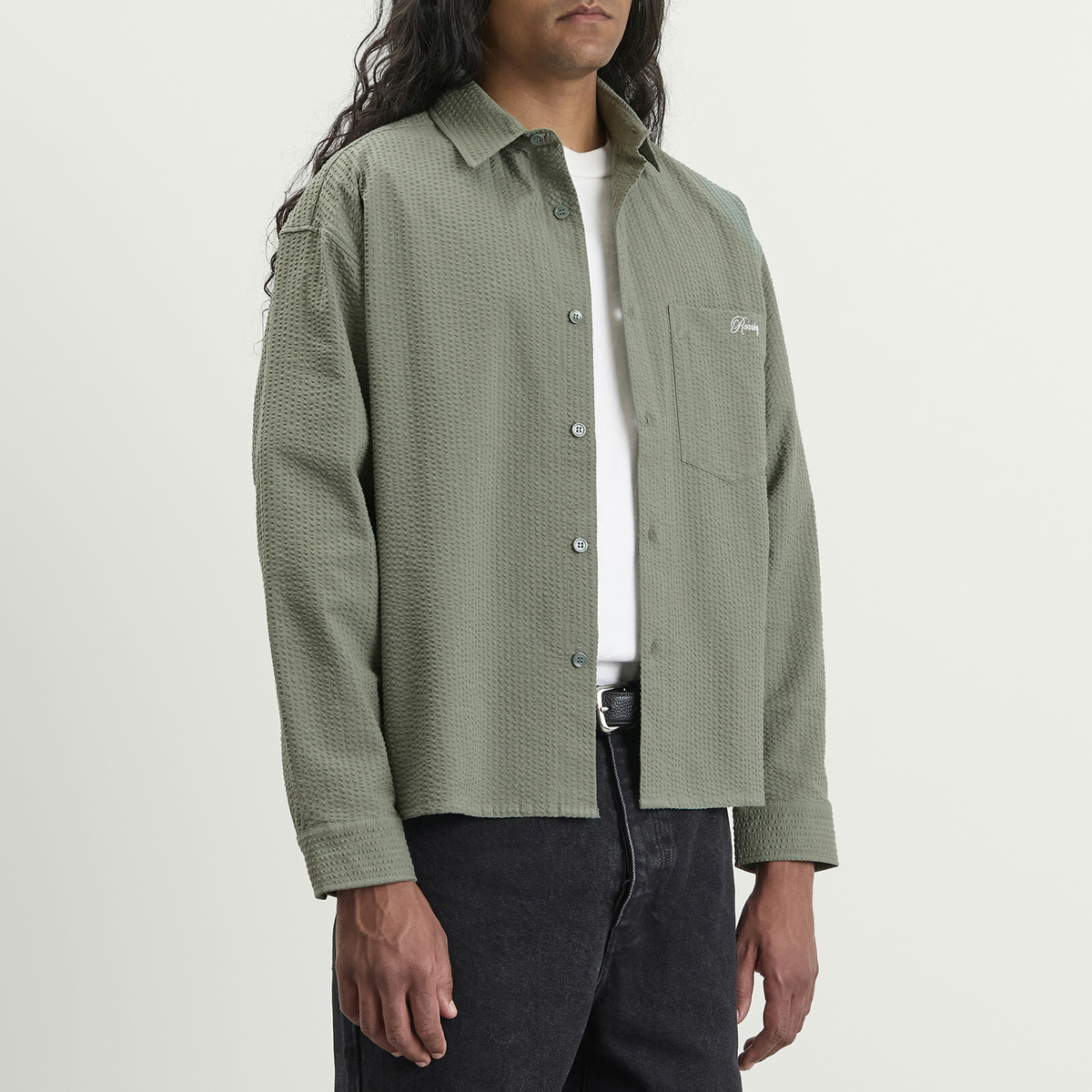 END. x Ronning Men's Seersucker Shirt in Green Seersucker
