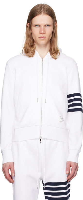 Photo: Thom Browne White Classic Loopback 4-Bar Zip Up Hoodie