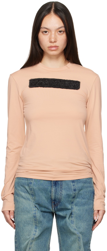 Photo: Y/Project Beige Logo Patch Long Sleeve T-Shirt