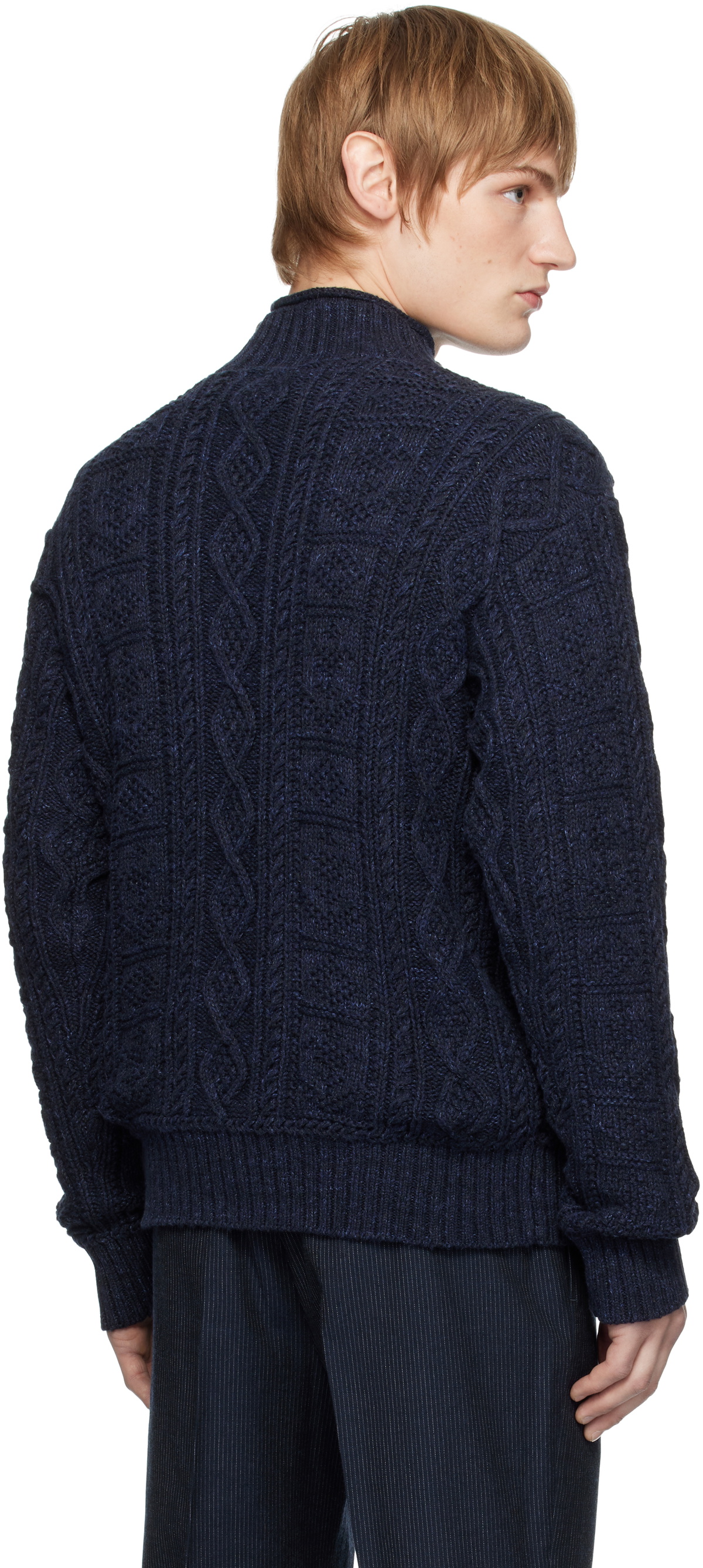 RRL Navy Aran-Knit Cotton Mock Neck Sweater