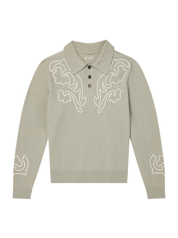 Photo: BODE - Blaze Embroidered Wool Polo Shirt - Green