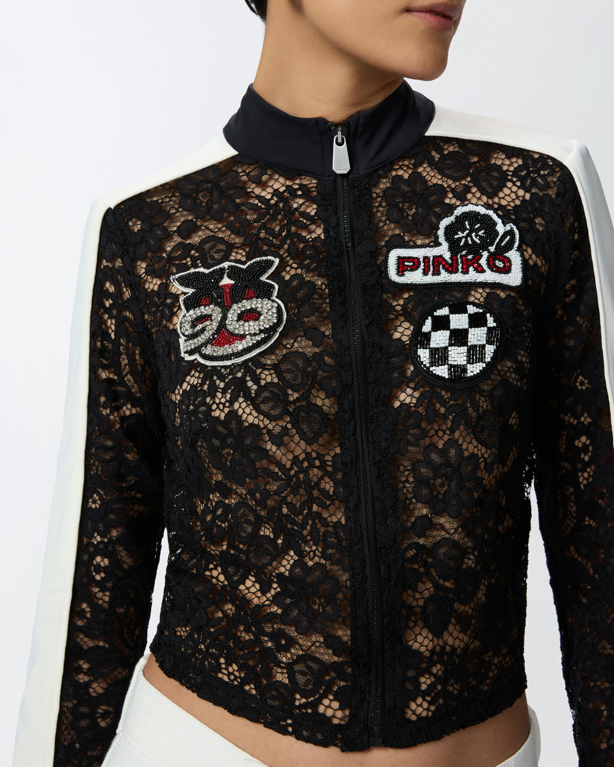 Pinko Light Lace Jacket With Embroidered Patches Black/White