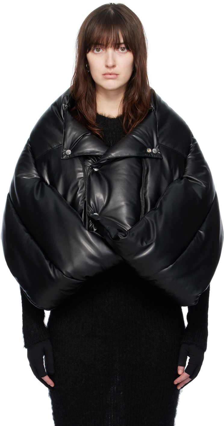 Junya Watanabe Black Overlay Faux-Leather Puffer Jacket Junya Watanabe
