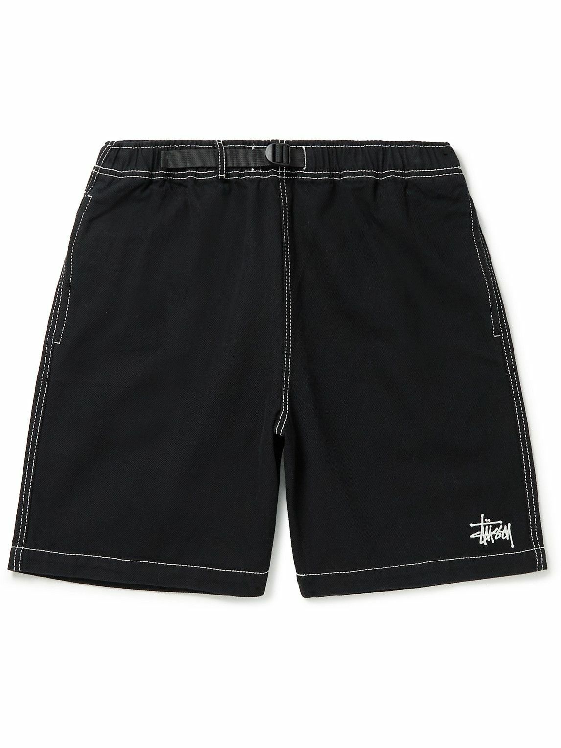 Photo: Stussy - Wide-Leg Belted Logo-Embroidered Cotton-Twill Shorts - Black
