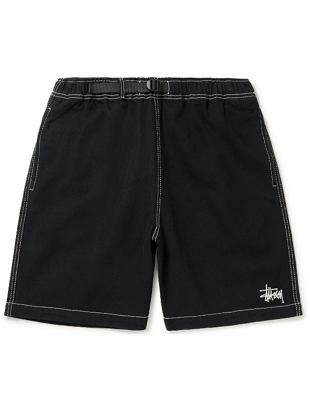 Photo: Stussy - Wide-Leg Belted Logo-Embroidered Cotton-Twill Shorts - Black