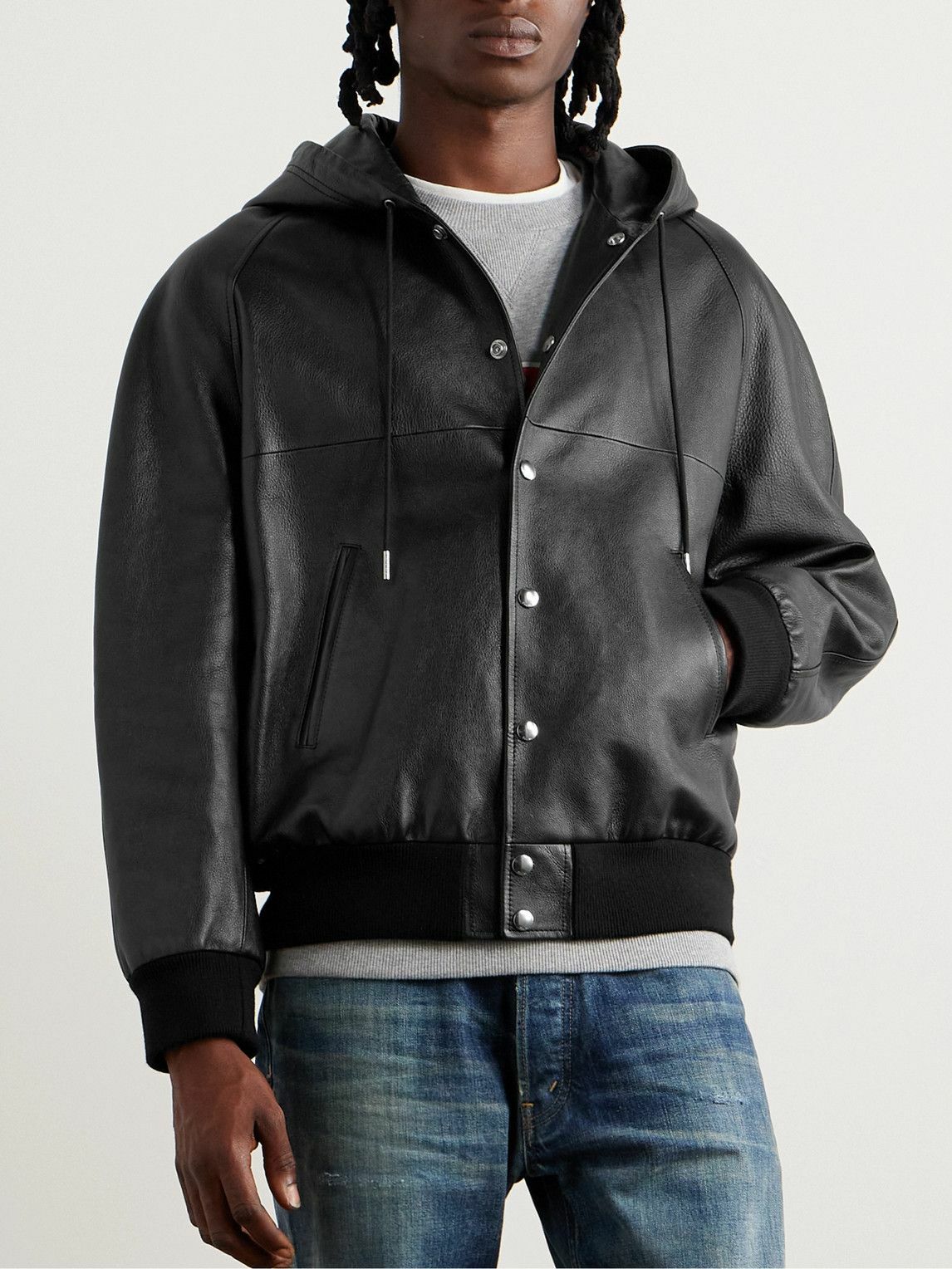 CELINE - Printed Leather Hooded Blouson Jacket - Black