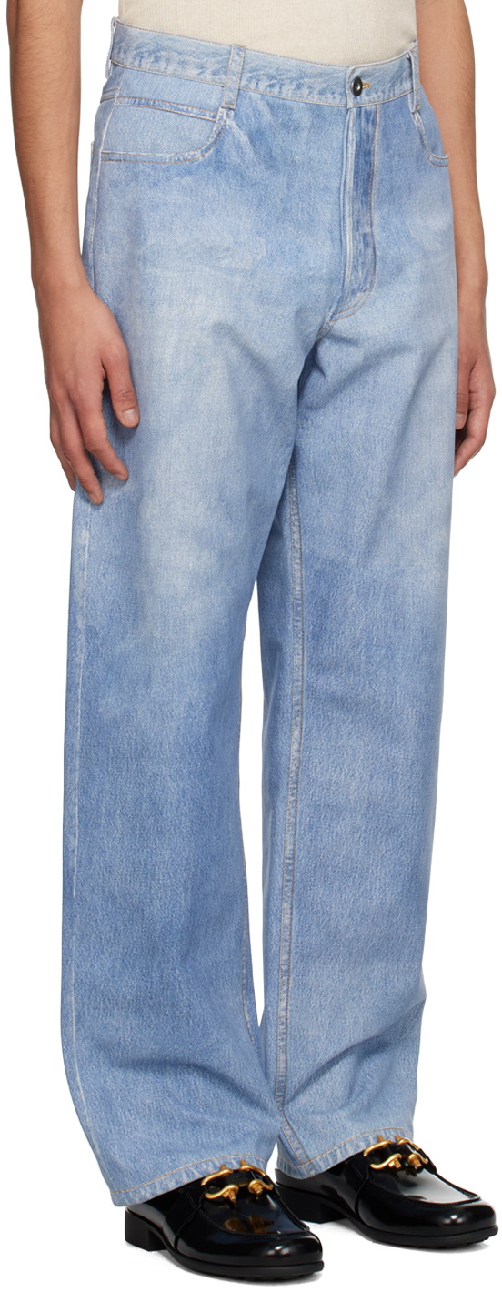 Blue Denim-print leather straight-leg trousers, Bottega Veneta