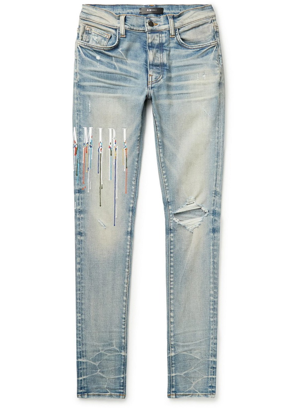 Photo: AMIRI - Skinny-Fit Logo-Embroidered Distressed Jeans - Blue