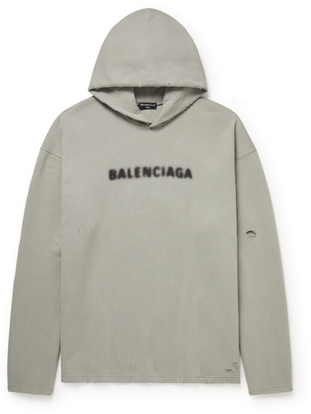 Photo: BALENCIAGA - Oversized Distressed Logo-Print Cotton-Jersey Hoodie - Gray