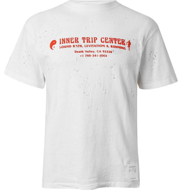 Photo: Satisfy - Distressed Flocked Organic Cotton-Jersey Running T-Shirt - White
