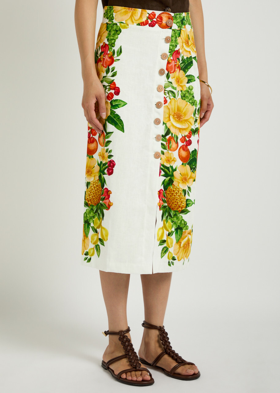 Farm Rio Picnic Flowers Printed Linen Midi Skirt White