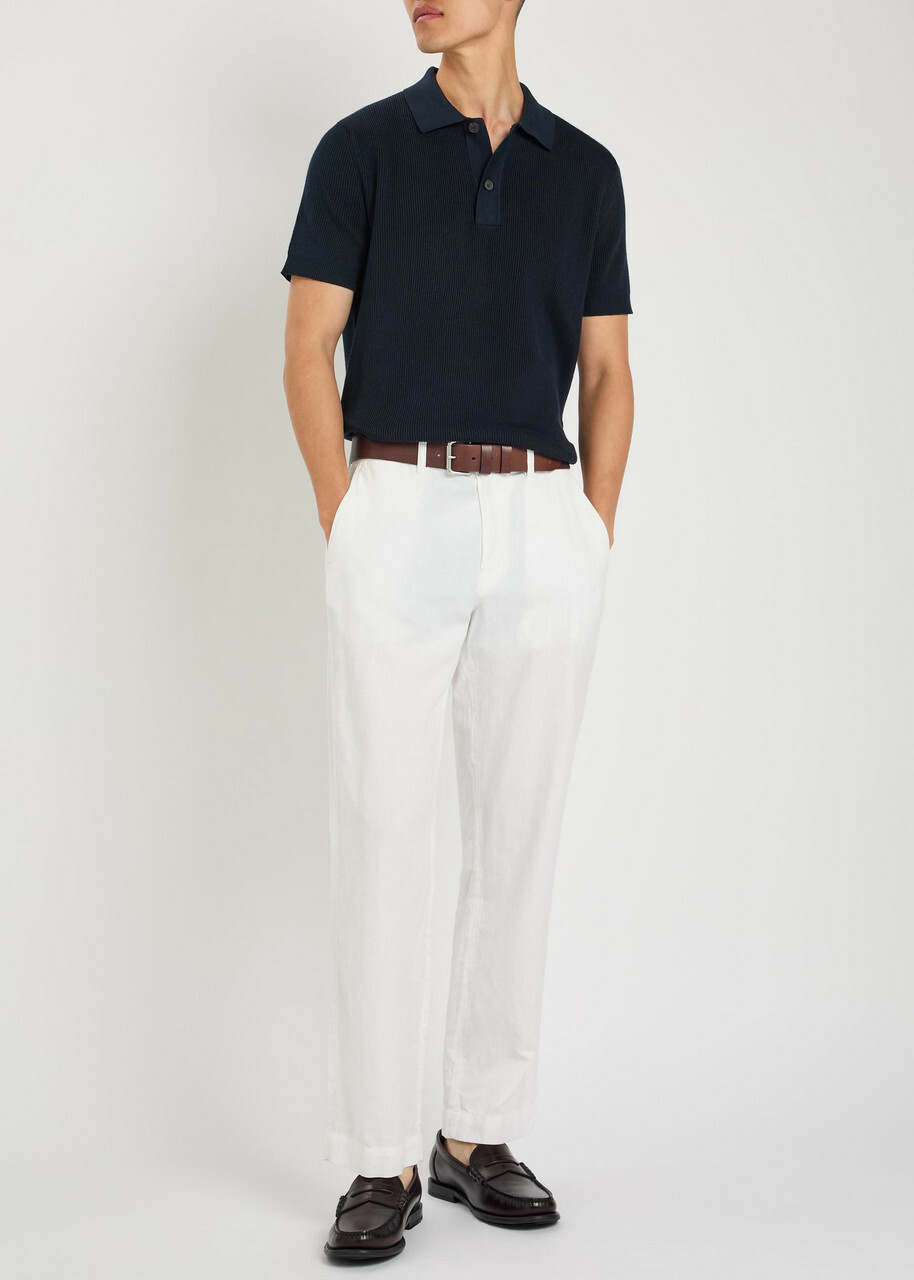 Sunspel Ribbed Knit Cotton Polo Shirt Navy