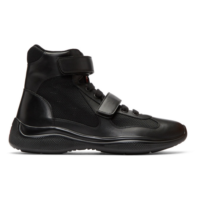 靴 PRADA verclo leather shoes black Prada Black Leather and Mesh Velcro High-Top Sneakers Prada